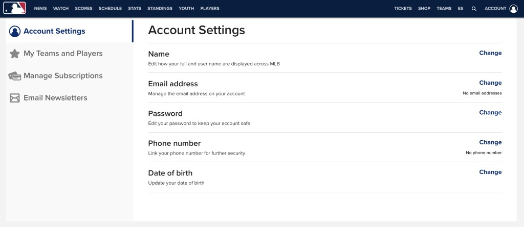 How do I change the nickname associated with my MLB Account?
